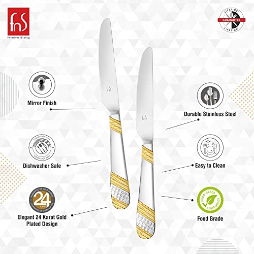 Product features infographic showing two dinner knives with 24-karat gold plating: mirror finish, dishwasher safe, durable stainless steel, easy clean, food-grade safe.