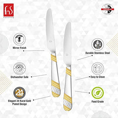 Product features infographic showing two dinner knives with 24-karat gold plating: mirror finish, dishwasher safe, durable stainless steel, easy clean, food-grade safe.