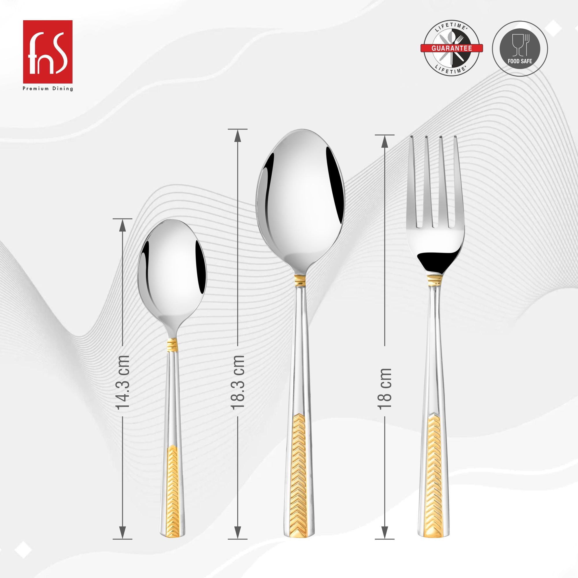 Three-piece silver cutlery set with gold handles and size measurements, featuring fns branding and certifications.