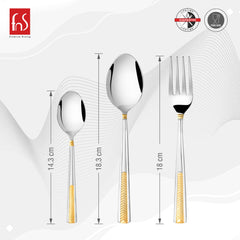 Three-piece silver cutlery set with gold handles and size measurements, featuring fns branding and certifications.
