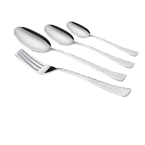 Spoon and fork set with oval heads and embossed handles arranged diagonally on white background.