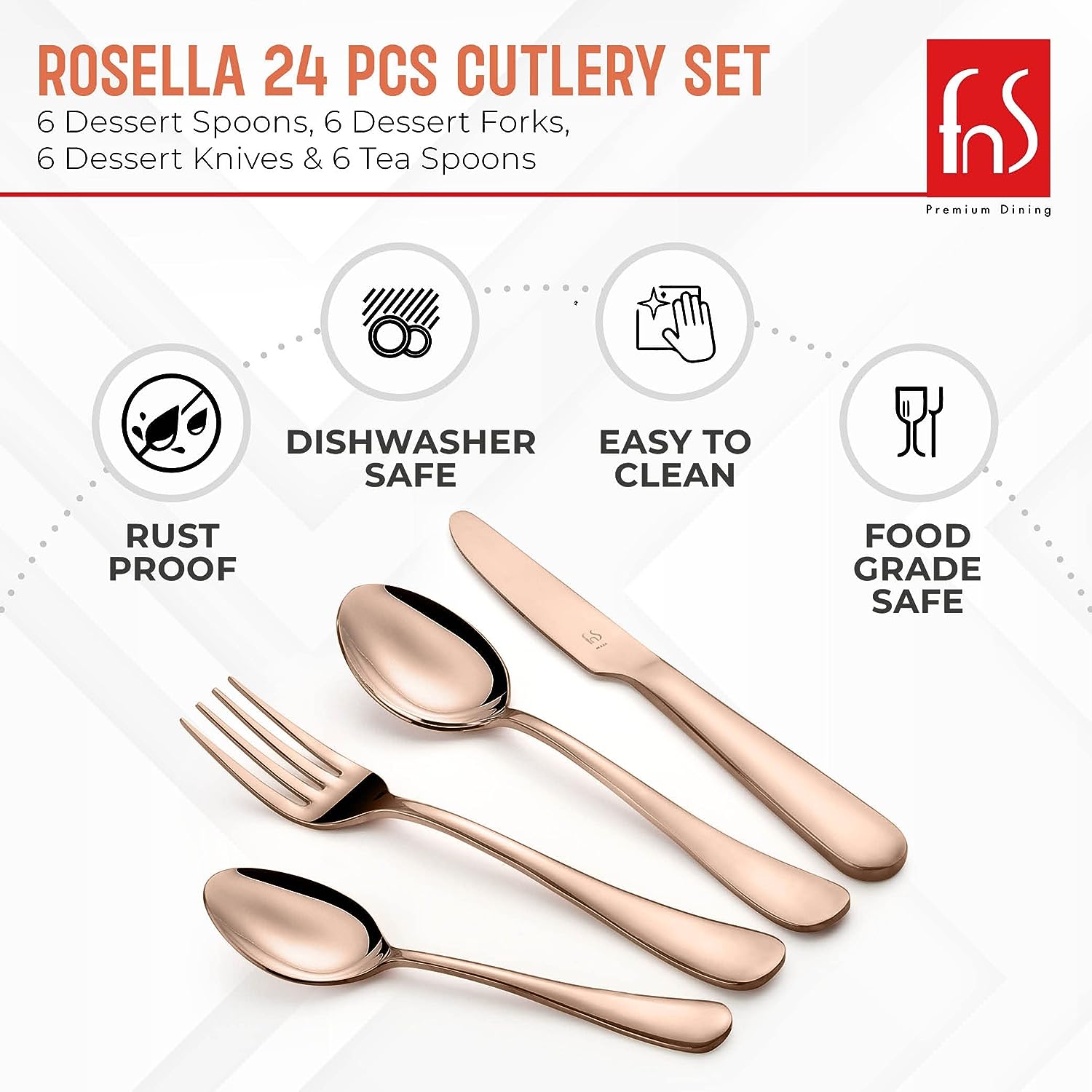 Rosella 24-piece cutlery set in rose gold finish, rustproof, dishwasher safe, food-grade, easy-clean.