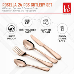 Rosella 24-piece cutlery set in rose gold finish, rustproof, dishwasher safe, food-grade, easy-clean.