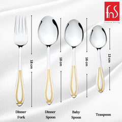 Labeled image showing dinner fork, dinner spoon, baby spoon, and teaspoon with gold-accented handles, along with their heights in centimeters and FnS logo.