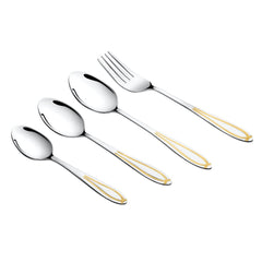 Stainless steel fork and three spoons with gold accent handles arranged diagonally on a white background for modern presentation.