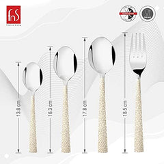 Measurement graphic showing height of four cutlery pieces with decorative handles and product certifications.