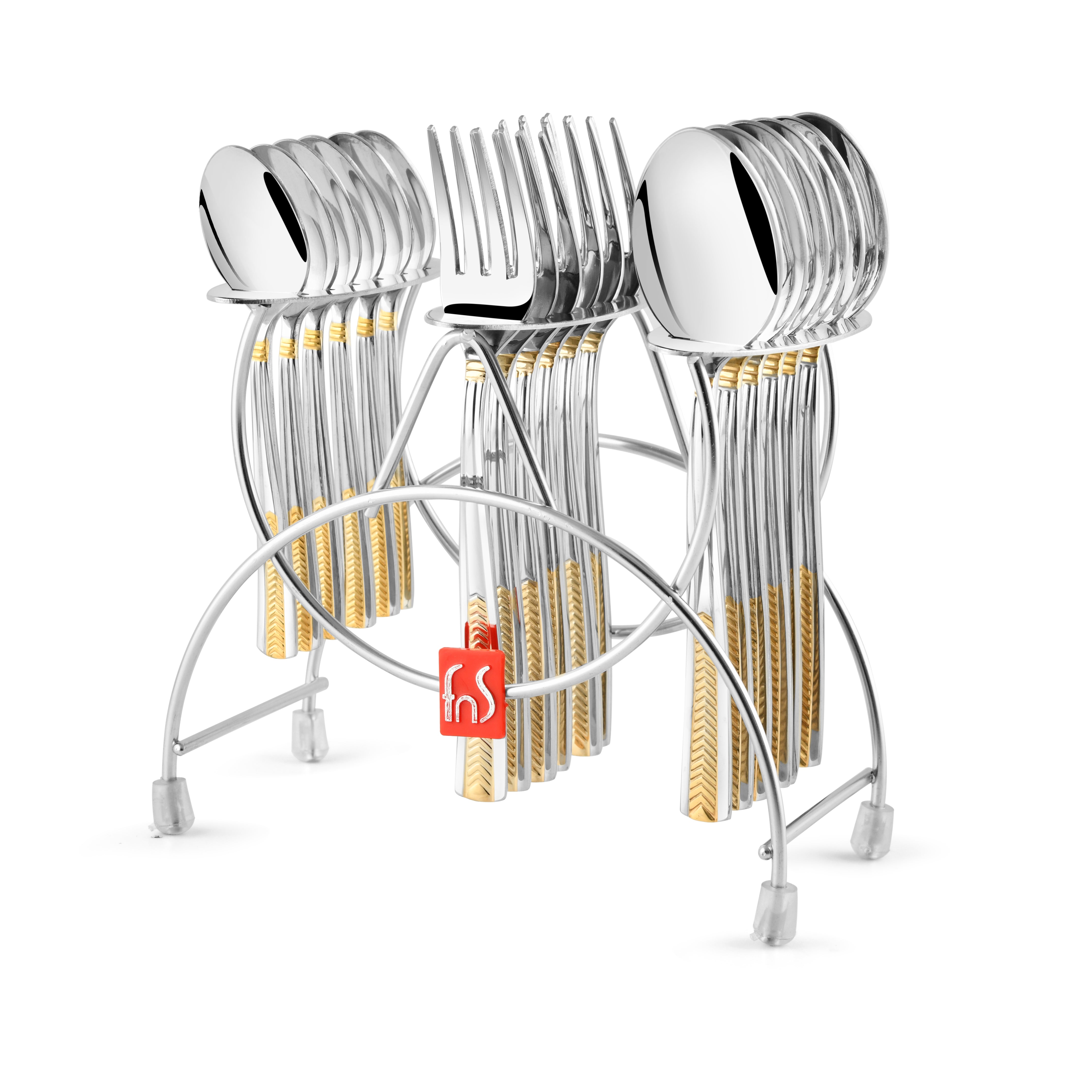 Gold-accented silver cutlery neatly arranged in a sleek chrome holder with fns red label tag.