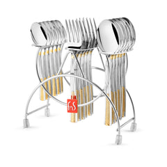 Gold-accented silver cutlery neatly arranged in a sleek chrome holder with fns red label tag.