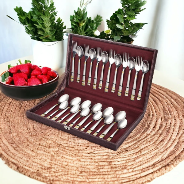 FnS RAGA 24 Karat Gold Plated 24 Pcs Cutlery Set with Leatherette Box Packaging