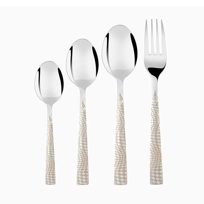 Four-piece stainless steel cutlery set with diamond-patterned handles displayed vertically on plain background.