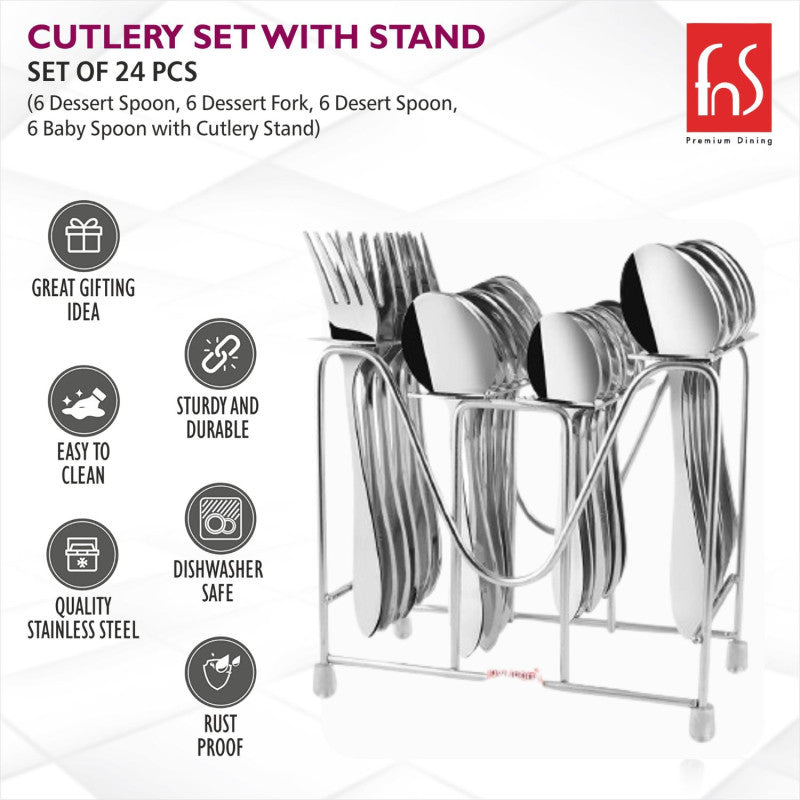 24-piece stainless steel cutlery set with stand, featuring spoons and forks. Highlights include easy to clean, rust-proof, dishwasher safe, and sturdy build.
