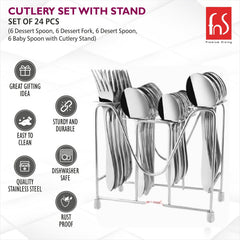 24-piece stainless steel cutlery set with stand, featuring spoons and forks. Highlights include easy to clean, rust-proof, dishwasher safe, and sturdy build.