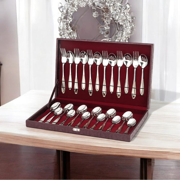 FnS Classic 24 Karat Gold Plated 24 Pcs Cutlery Set with Leatherette Box (6 Pc Dinner Spoons, 6 Pc Dinner Fork, 6 Pc Tea Spoons & 6 Baby Spoons)