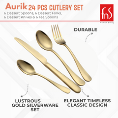 Aurik 24-piece gold cutlery set with elegant design, featuring fork, knife, and two spoons.