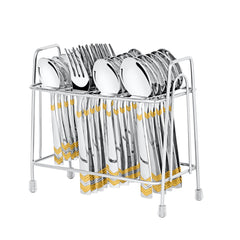 Glossy stainless steel cutlery set with golden detailing neatly arranged in silver rack on white background.