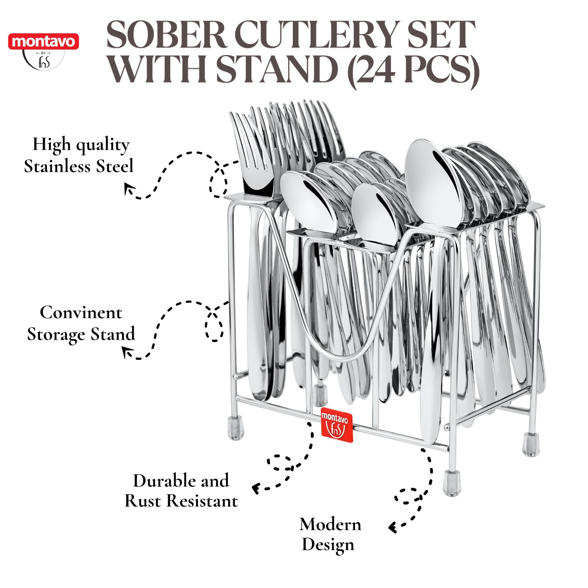 24-piece stainless steel cutlery set with stand, highlighting quality, durability, and modern design features.