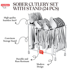 24-piece stainless steel cutlery set with stand, highlighting quality, durability, and modern design features.