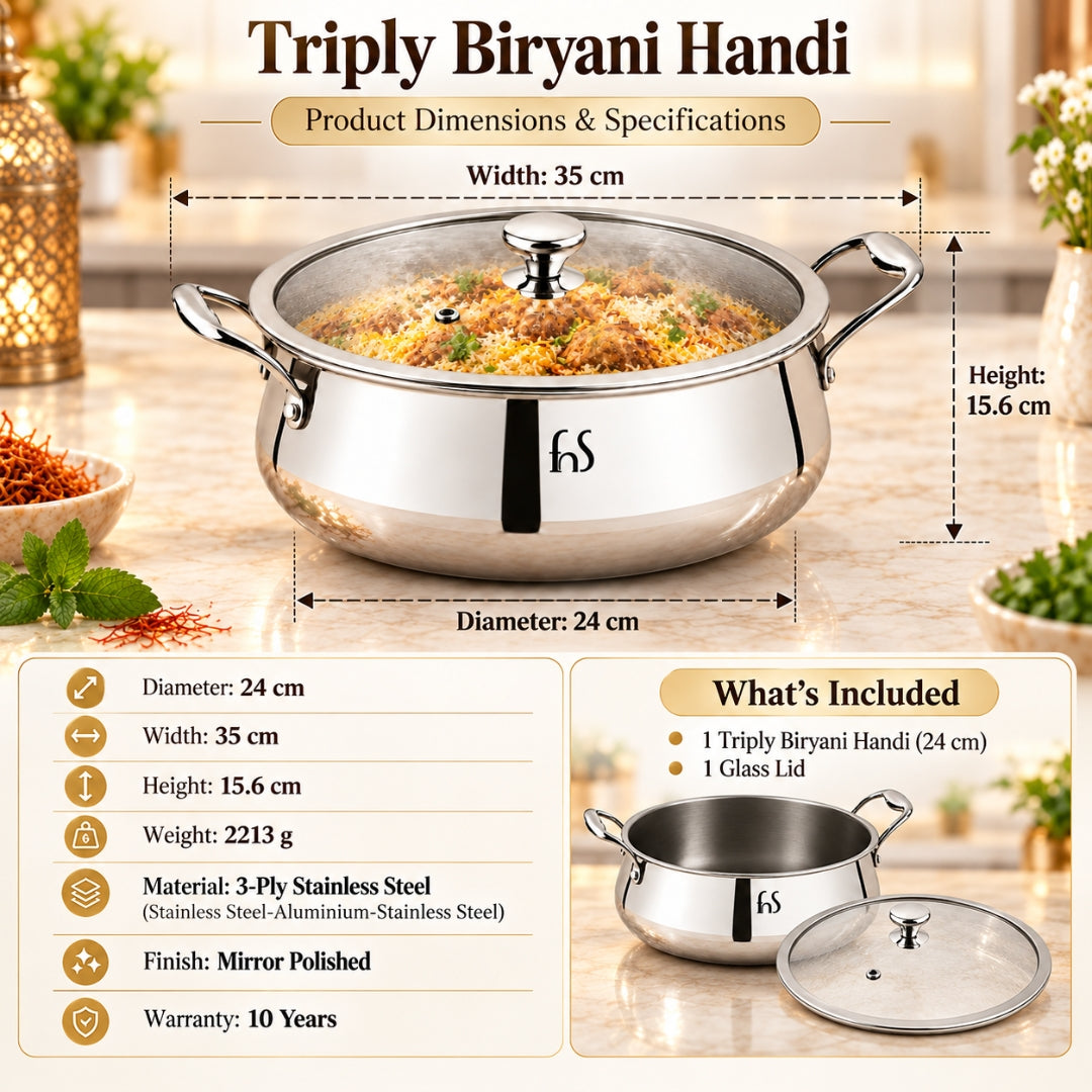 FnS NuChef Triply Stainless Steel Biryani Handi 24 cm with Glass Lid