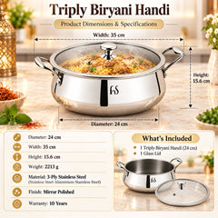 FnS NuChef Triply Stainless Steel Biryani Handi 24 cm with Glass Lid