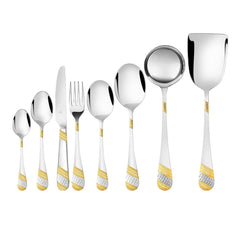 Full display of gold-patterned cutlery pieces aligned vertically, showing uniform design and reflective finish.