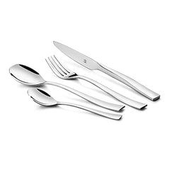 Four stainless steel cutlery pieces with minimalist design laid diagonally on plain white background.