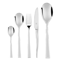 Minimalist stainless steel cutlery set with polished finish arranged upright on clean white backdrop.