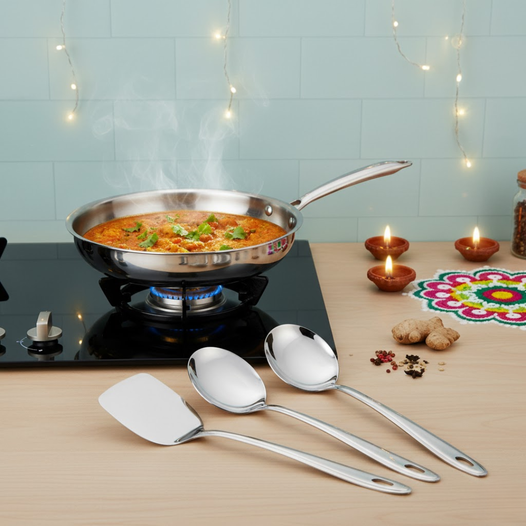 FnS Trinity Stainless Steel Serving Tools Set of 3 and NuChef Triply FryPan 22 cm Combo 3-Ply Cookware Pot with Gravy Ladle, Solid Turner & Skimmer Turner, Induction & Gas Compatible Kitchen Combo