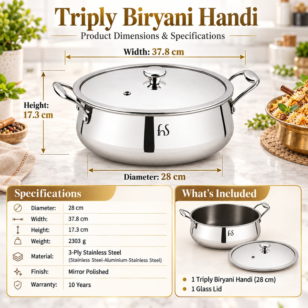 FnS NuChef Triply Stainless Steel Biryani Handi 28 cm with Glass Lid