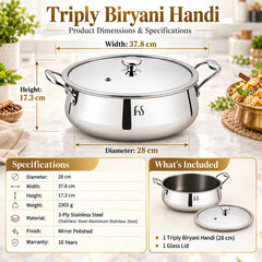 FnS NuChef Triply Stainless Steel Biryani Handi 28 cm with Glass Lid