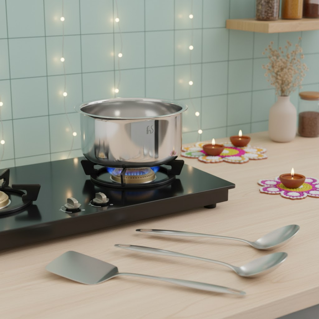 FnS Trinity Stainless Steel Serving Tools Set of 3 and NuChef Triply Tope 18 cm Combo 3-Ply Cookware Pot with Gravy Ladle, Solid Turner & Skimmer Turner, Induction & Gas Compatible Kitchen Combo