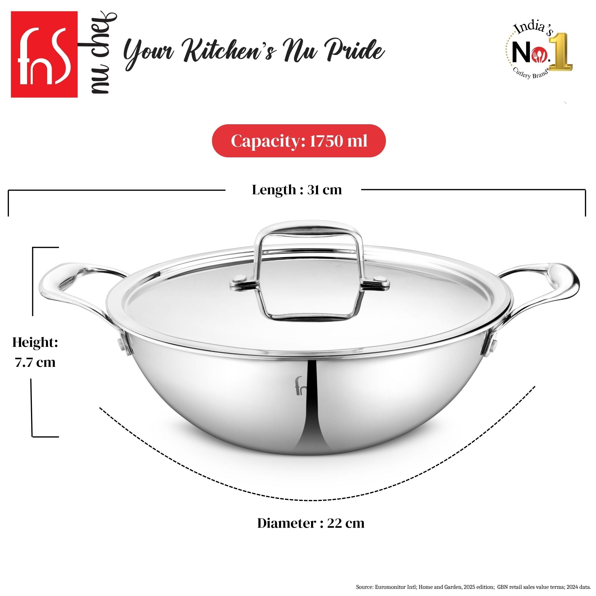 FnS NuChef Cookware Triply Kadai 20 CM With Lid