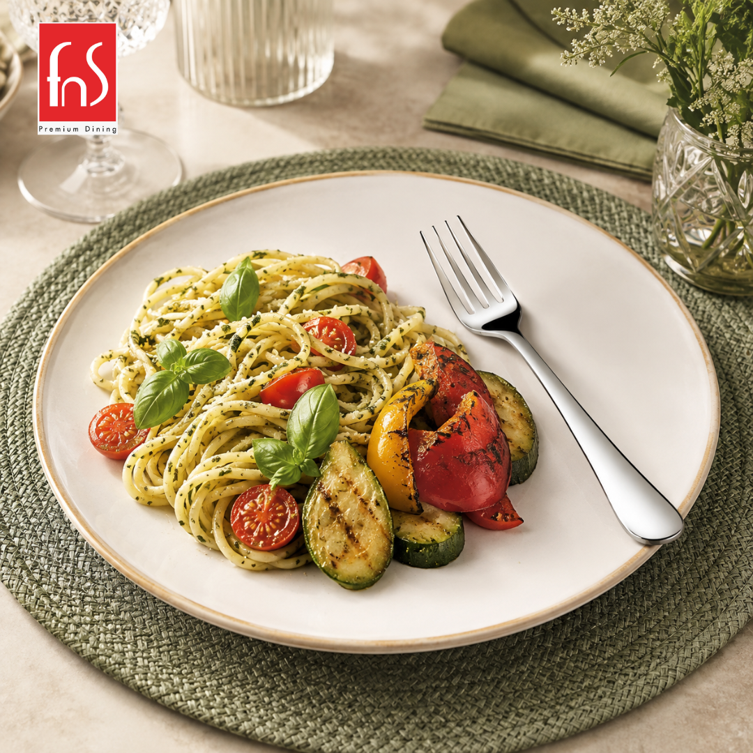 FnS Victoria stainless steel dinner fork served beside pasta and grilled vegetables in an elegant premium table setting