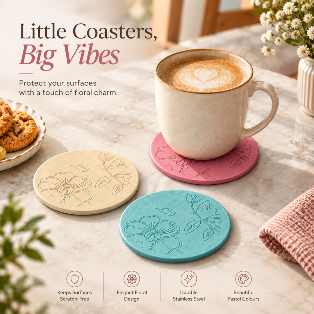 FnS Odiel 6-Pc Floral Stainless Steel Round Coaster Set