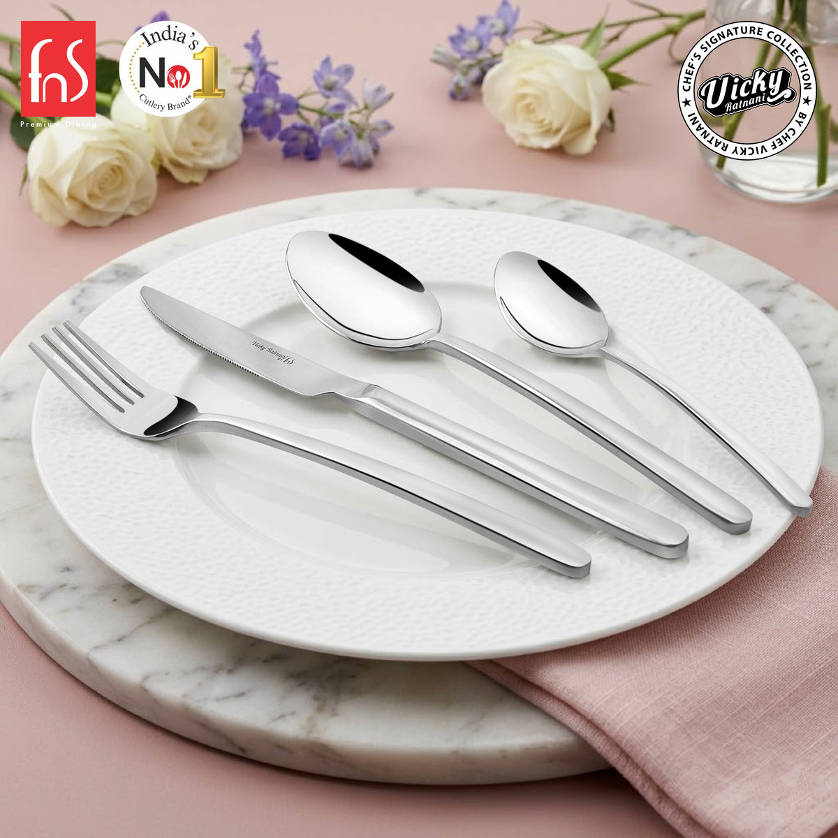 Chef Vicky Ratnani's Signature Collection By FnS Thames Stainless Steel 24 Pcs Cutlery Set with Box Pack | 6 Dinner Spoon, 6 Dinner Fork, 6 Dinner Knife/Butter Knife, 6 Teaspoon | Premium modern minimalism Handle Design Cutlery for Home, Dining & Kitchen