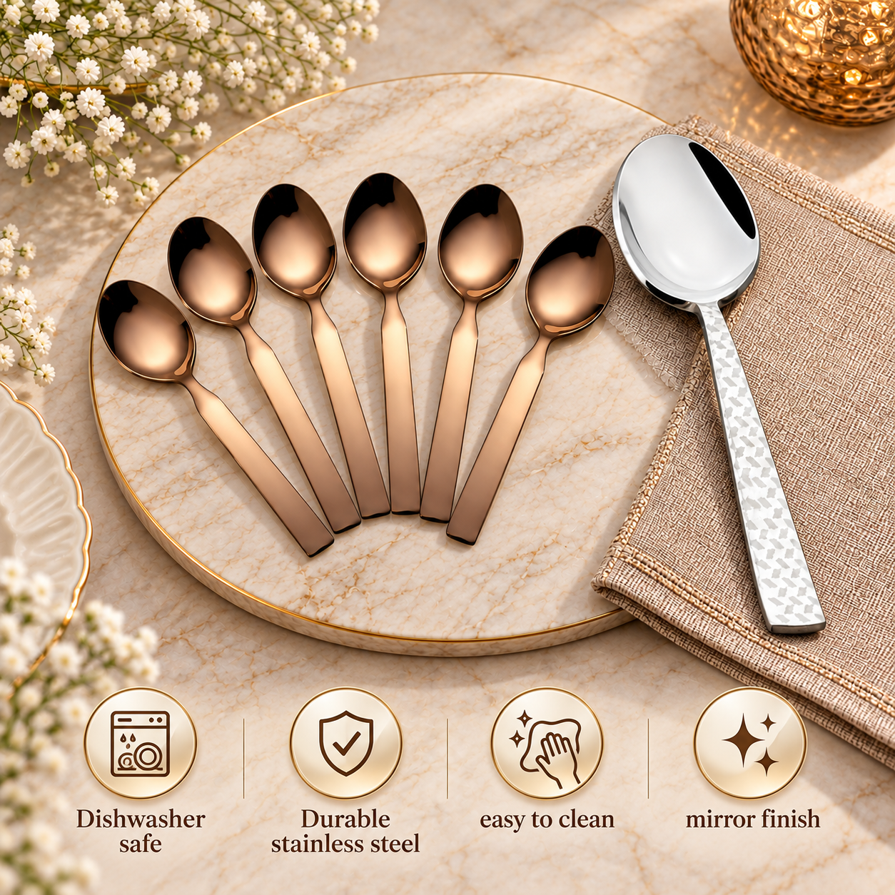 FnS Rhombo Serving Spoon & Allie Rose Gold Teaspoon Combo Set (7 Pcs)