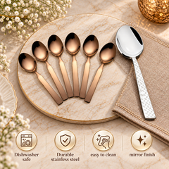 FnS Rhombo Serving Spoon & Allie Rose Gold Teaspoon Combo Set (7 Pcs)