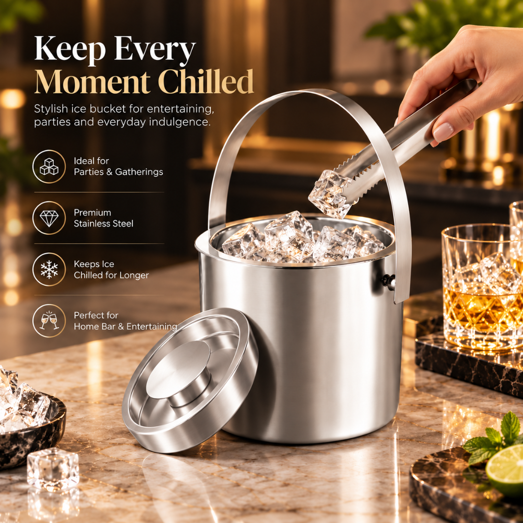 FnS Stainless Steel Ice Bucket with Lid and Handle (1 Liter)