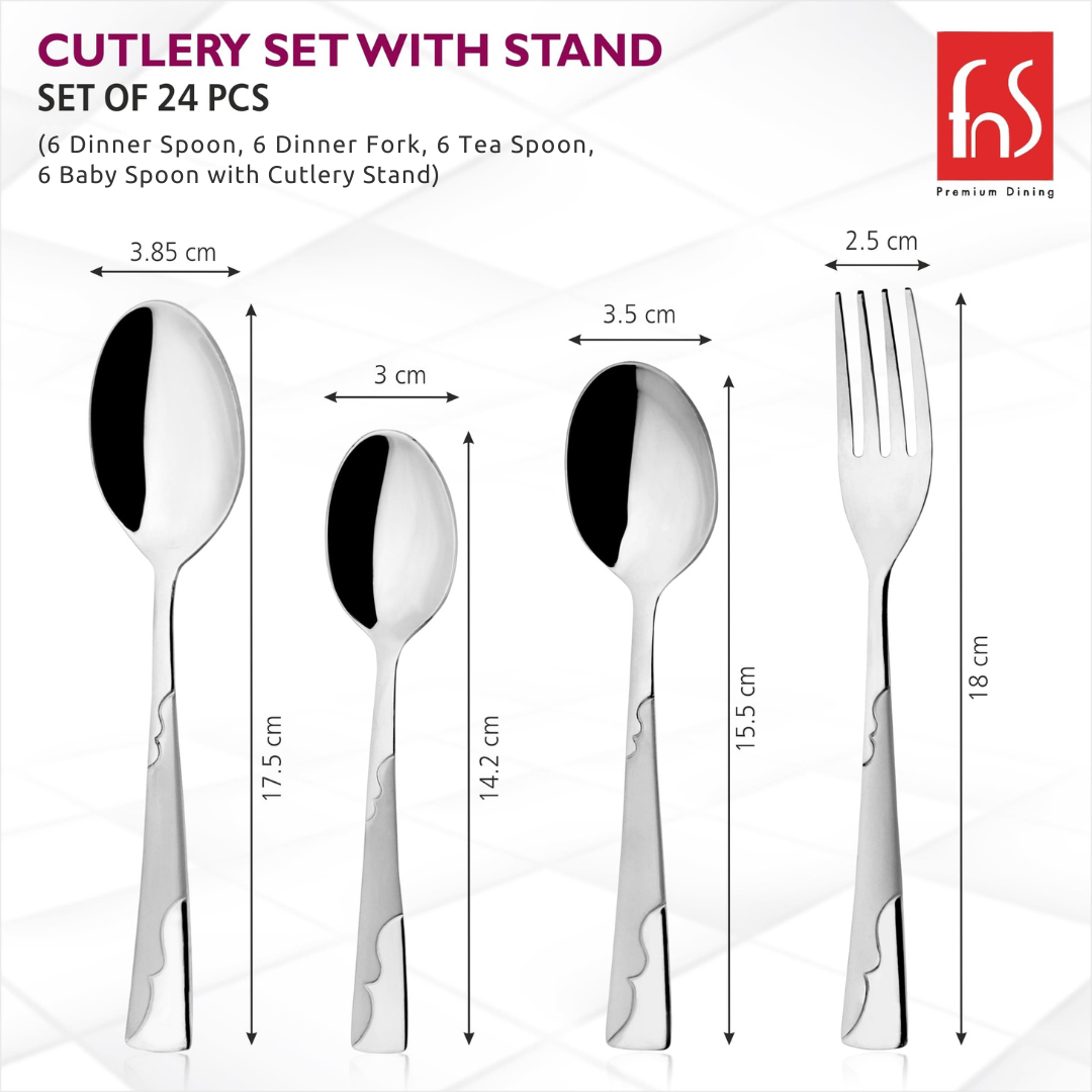 Montavo Creta Stainless Steel Cutlery set with stand dimensions and specifications on a white background
