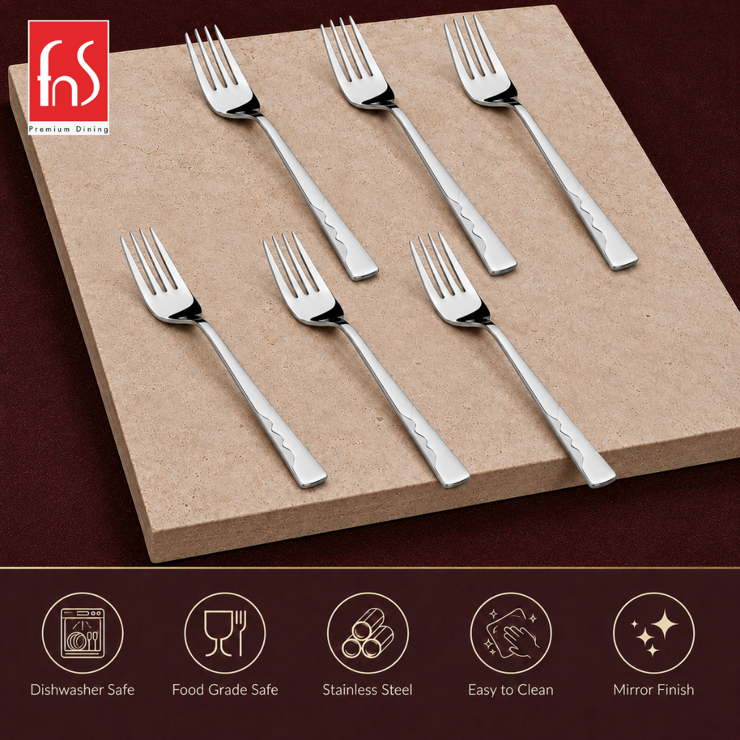 Montavo by FnS Creta 6-piece dinner fork set with food-grade stainless steel, mirror finish and easy-clean construction.
