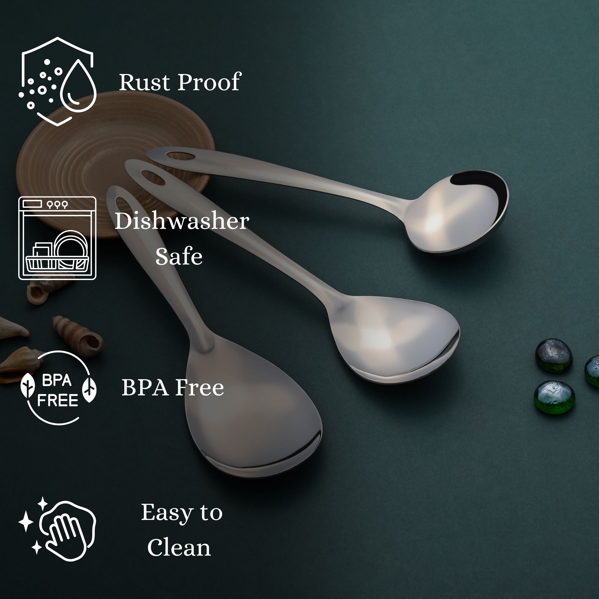 Montavo by FnS Amazon Stainless Steel Serving Tools Set of 3, 1 Gravy Ladle (chamcha), 1 Rice Server, 1 Veg Serving Spoon