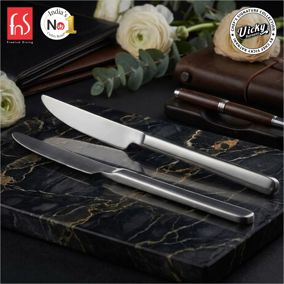 Chef Vicky Ratnani's Signature Collection By FnS Thames Dessert Knife/Dinner knife/Butter knife 2 Pcs Set | Premium modern minimalism Handle Design Cutlery for Home, Dining & Kitchen