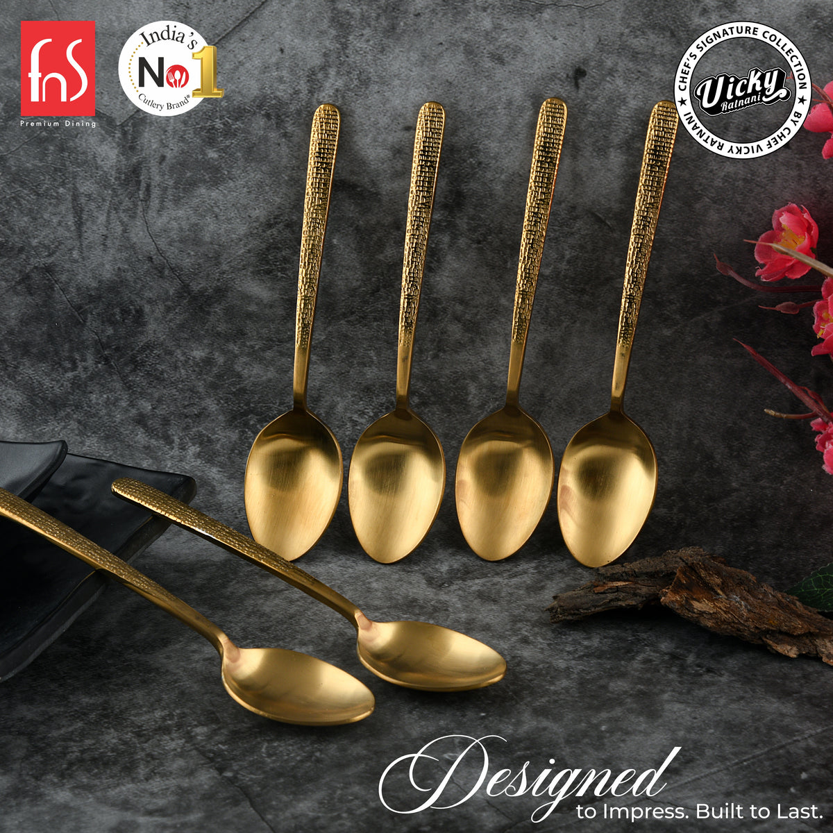 Chef Vicky Ratnani's Signature Collection By FnS Velora Stainless Steel Dessert Spoon 6 Pcs Set | Premium Textured Handle Design Cutlery for Home, Dining & Kitchen