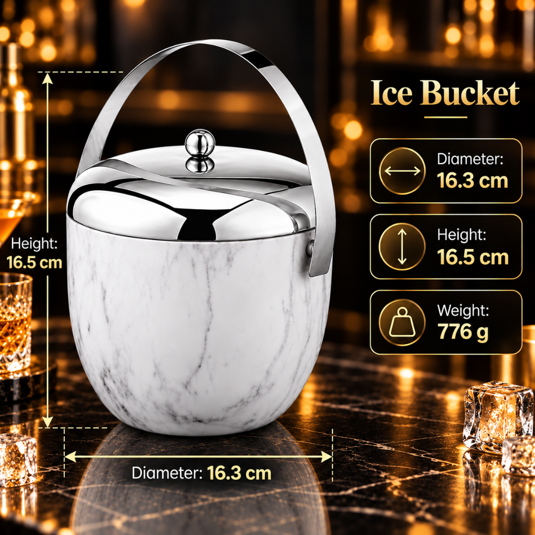 FnS Apple Double Wall White Marble Stainless Steel Ice Bucket 1.25L