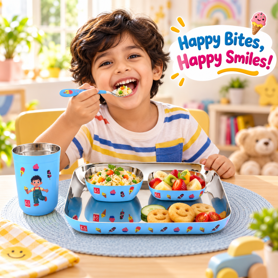 FnS Little Bites 5-Pc Stainless Steel Kids Dinner Thali Set – Ice Cream Party Blue