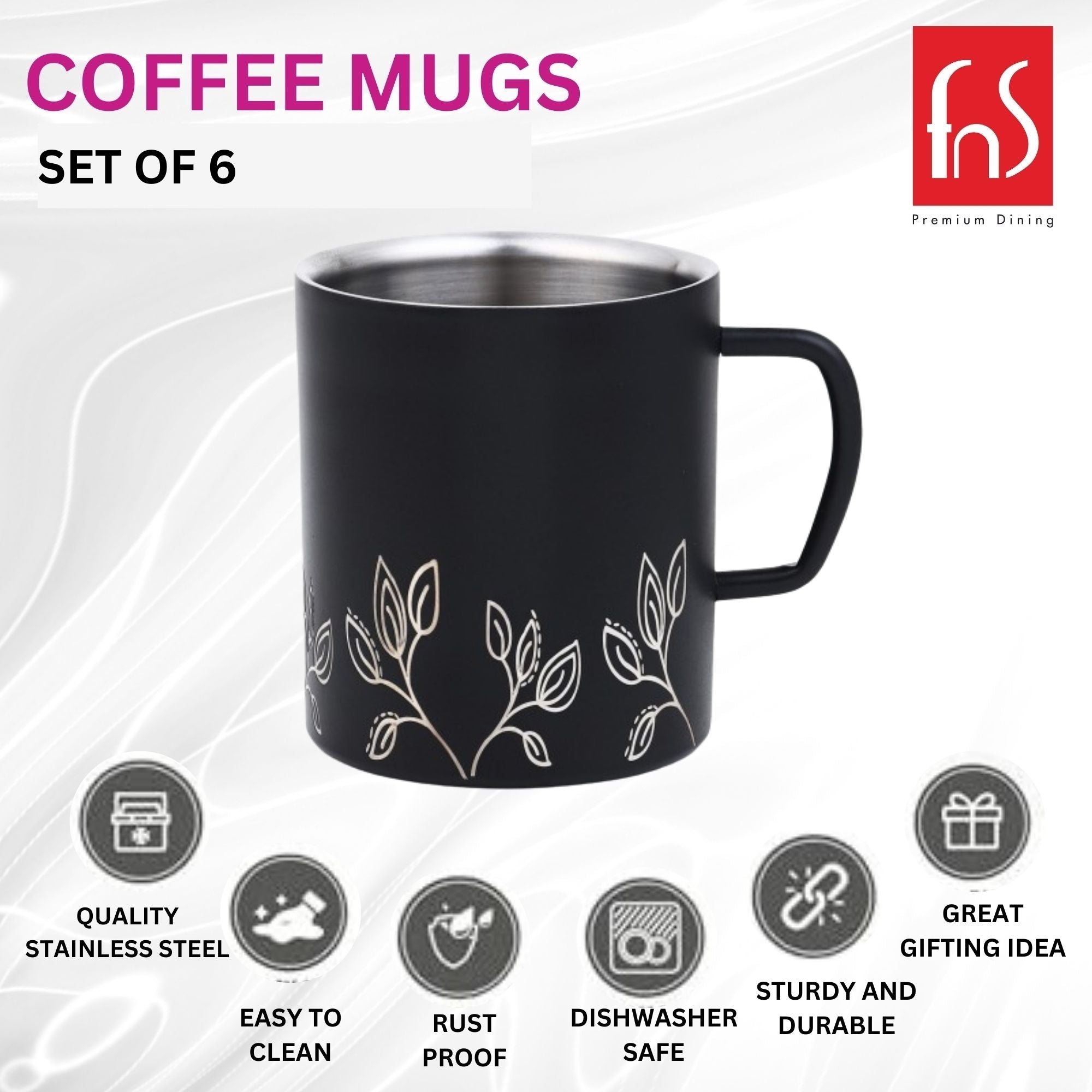 FNS Stainless Steel Coffee Mugs, with Laser Engraving Black (Set of 6)