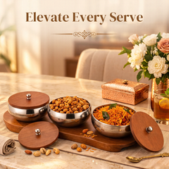 FnS Brazos 3-Pc Stainless Steel Serving Bowl Set with Lids & Tray, styled with snacks for elegant table serving at home
