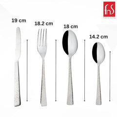 Montavo by FnS Pacific cutlery set with exact dimensions: 19 cm knife, 18.2 cm fork, 18 cm spoon and 14.2 cm teaspoon.