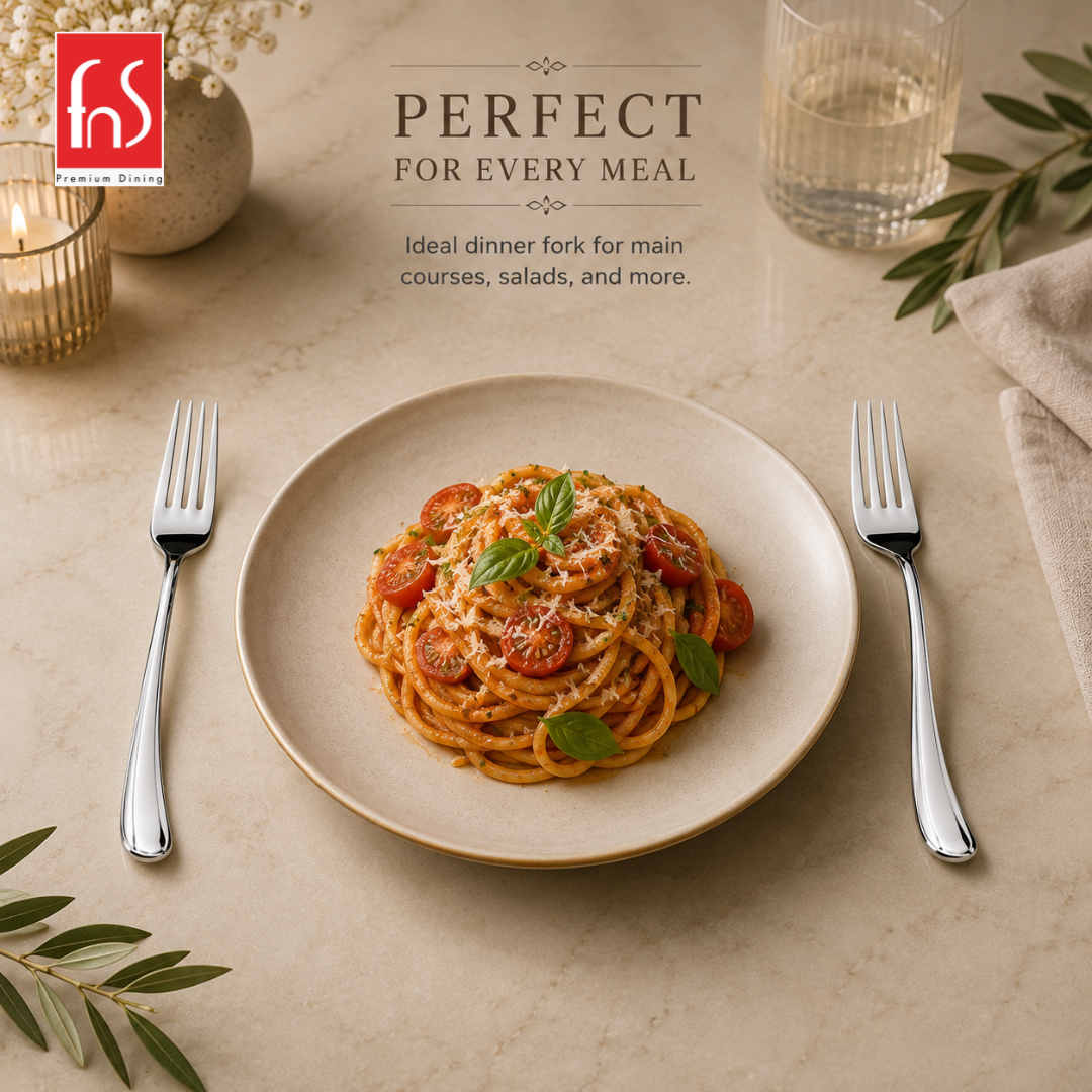 Montavo by FnS Flair dinner forks beside a pasta plate, showcasing polished stainless steel finish for everyday dining