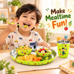FnS Little Bites 5-Pc Stainless Steel Kids Dinner Thali Set – Mighty Fruit Green