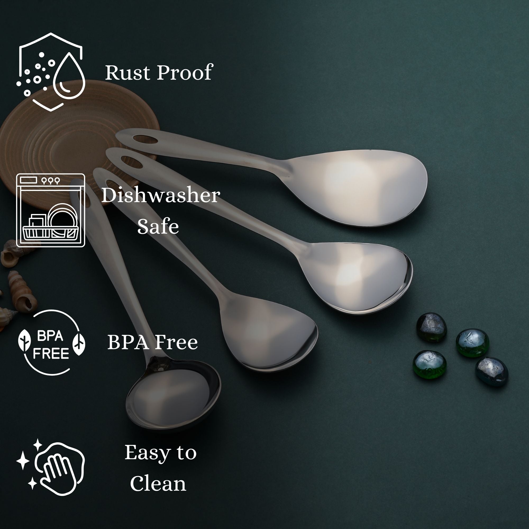 Montavo by FnS Amazon Stainless Steel Serving Tools Set of 4, 1 Gravy Ladle (chamcha), 1 Rice Server, 1 Veg Serving Spoon (Medium), 1 Veg Serving Spoon (Small)
